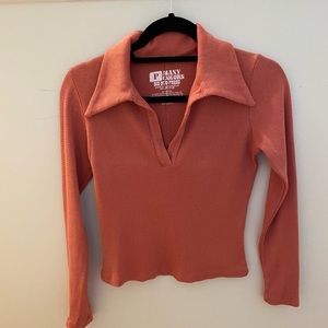 Size P, raspberry sorbet long sleeve fisherman polo. Sample sale.
